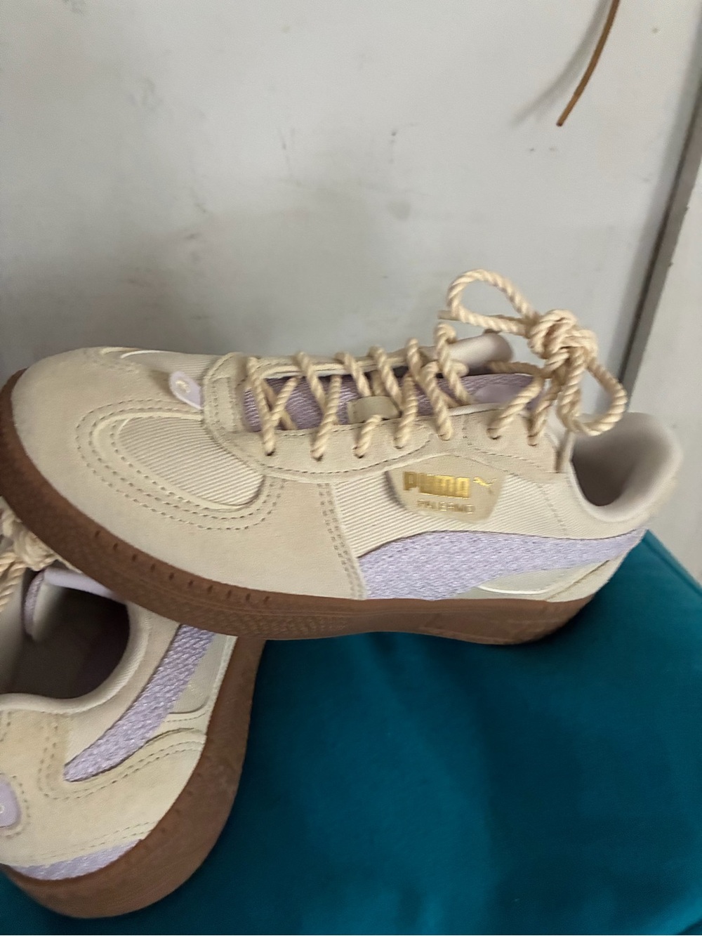 Puma Big Kids/Women Beige and Lavender Suede Sneakers with Gum Sole without Box